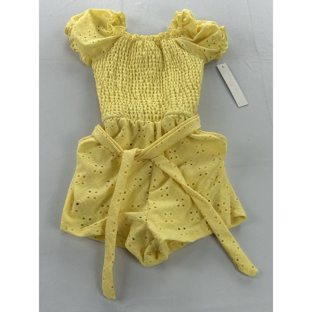 Tahari Girl Romper Size 6 Yellow Eyelet Smocked Puff Sleeve Belted Pockets New